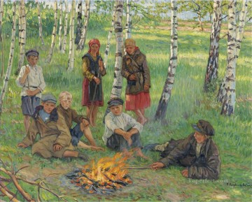 By the Campfire Nikolay Bogdanov Belsky kids child impressionism Oil Paintings